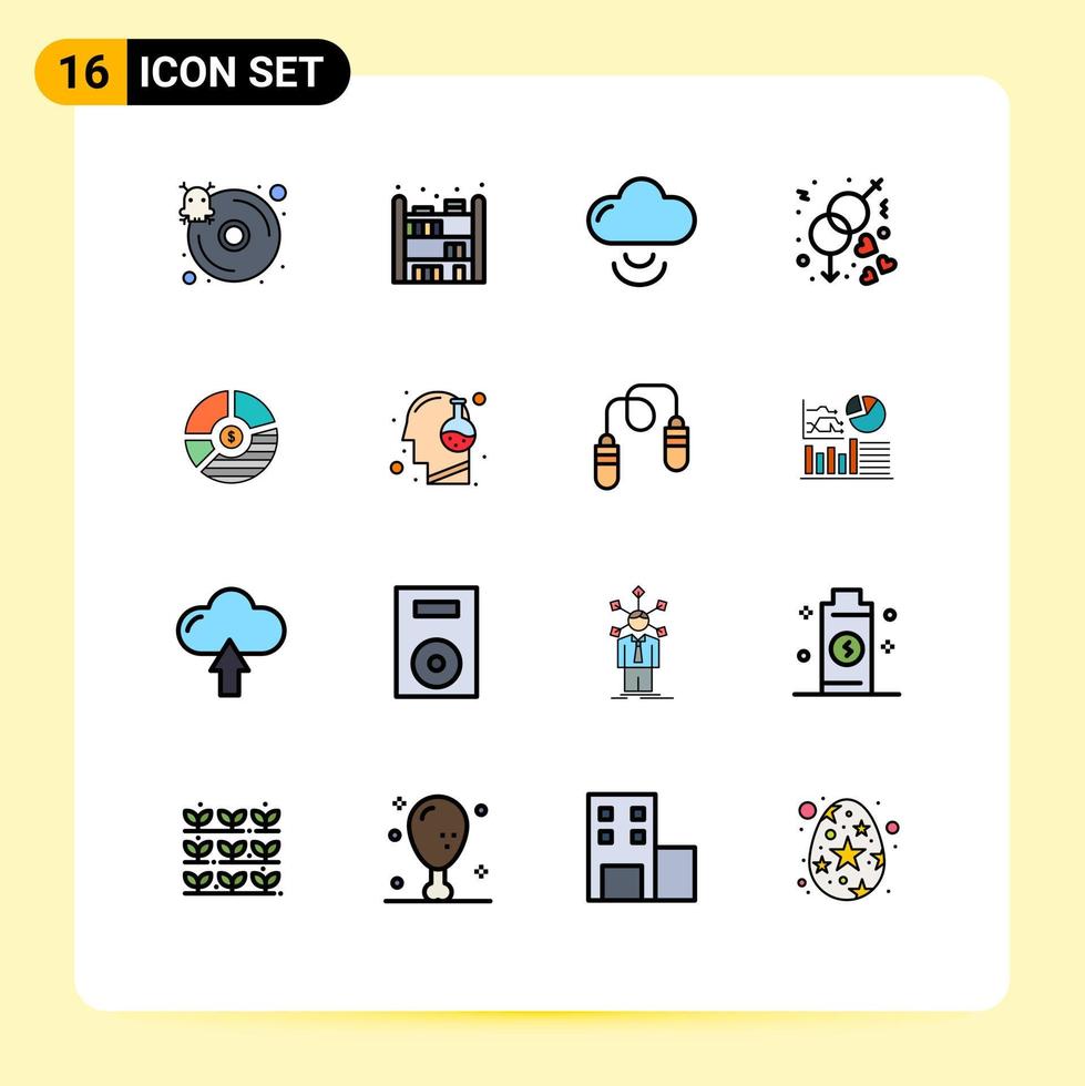 Group of 16 Modern Flat Color Filled Lines Set for business analysis signal chart love Editable Creative Vector Design Elements