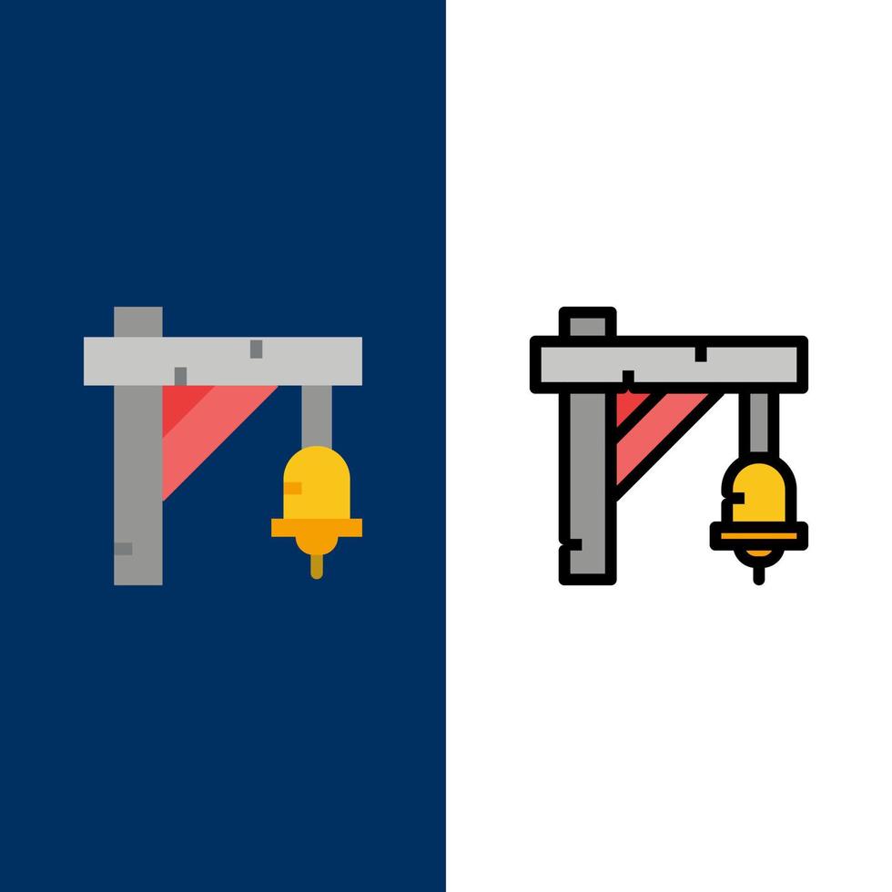 señal de campana iconos de transporte de tren plano y conjunto de iconos llenos de línea vector fondo azul