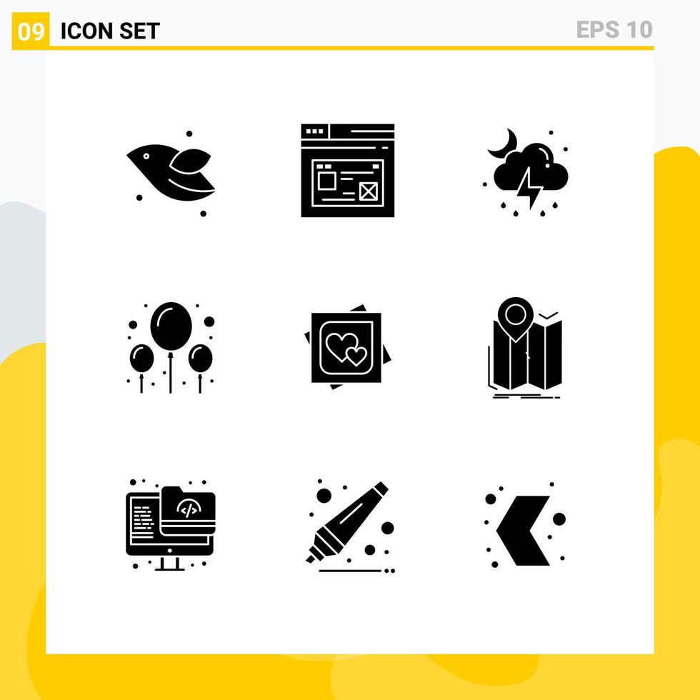 Pictogram Set of 9 Simple Solid Glyphs of heart party design celebration cloud Editable Vector Design Elements