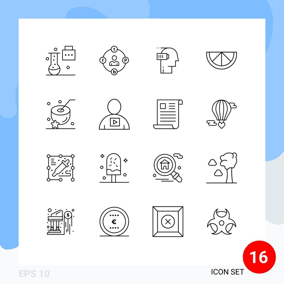 Universal Icon Symbols Group of 16 Modern Outlines of coconut lemon media mind low Editable Vector Design Elements