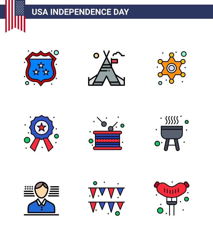 Pack of 9 creative USA Independence Day related Flat Filled Lines of drum sign men star badge Editable USA Day Vector Design Elements