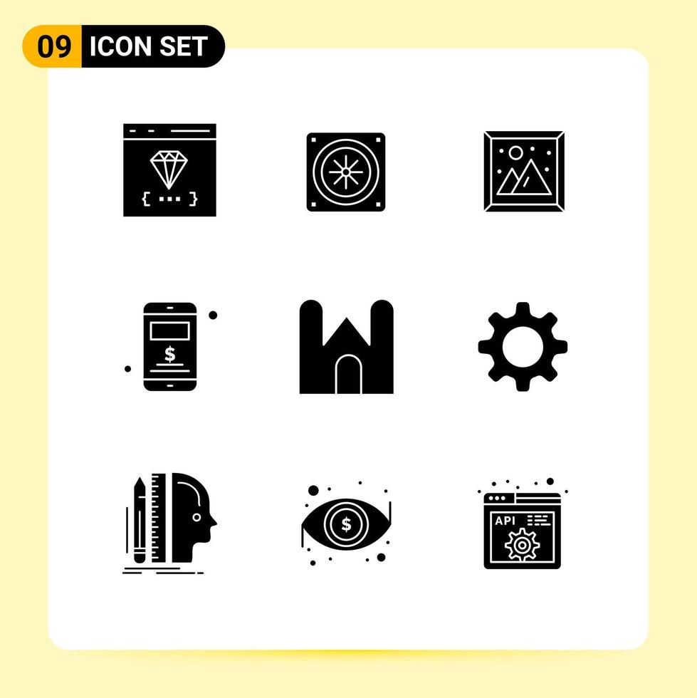 9 Universal Solid Glyph Signs Symbols of castle tower castle image dollar mobile Editable Vector Design Elements