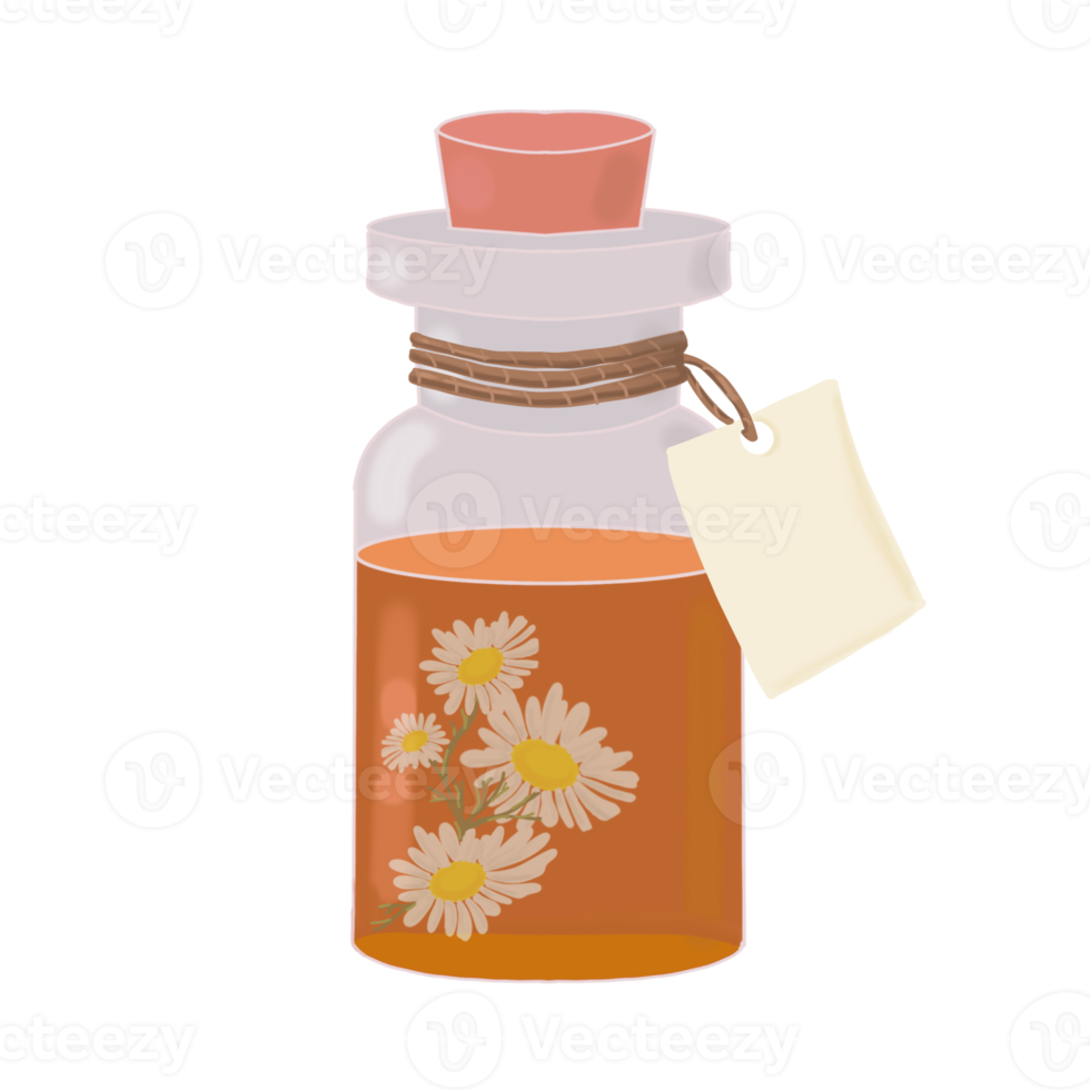 bottle with essential oil and chamomile flower png