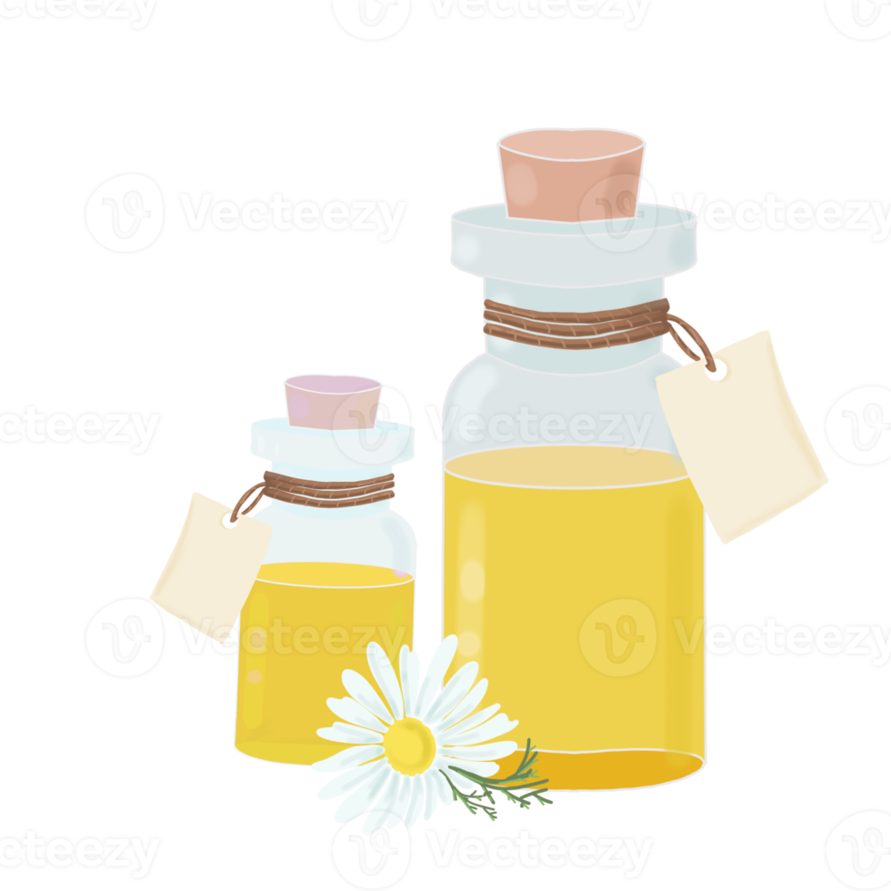 bottle with essential oil and chamomile flower png