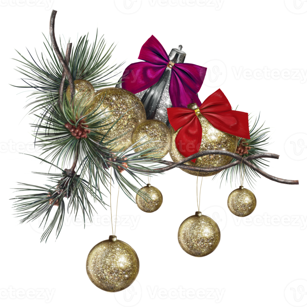 Christmas balls with bows on an evergreen spruce branch png