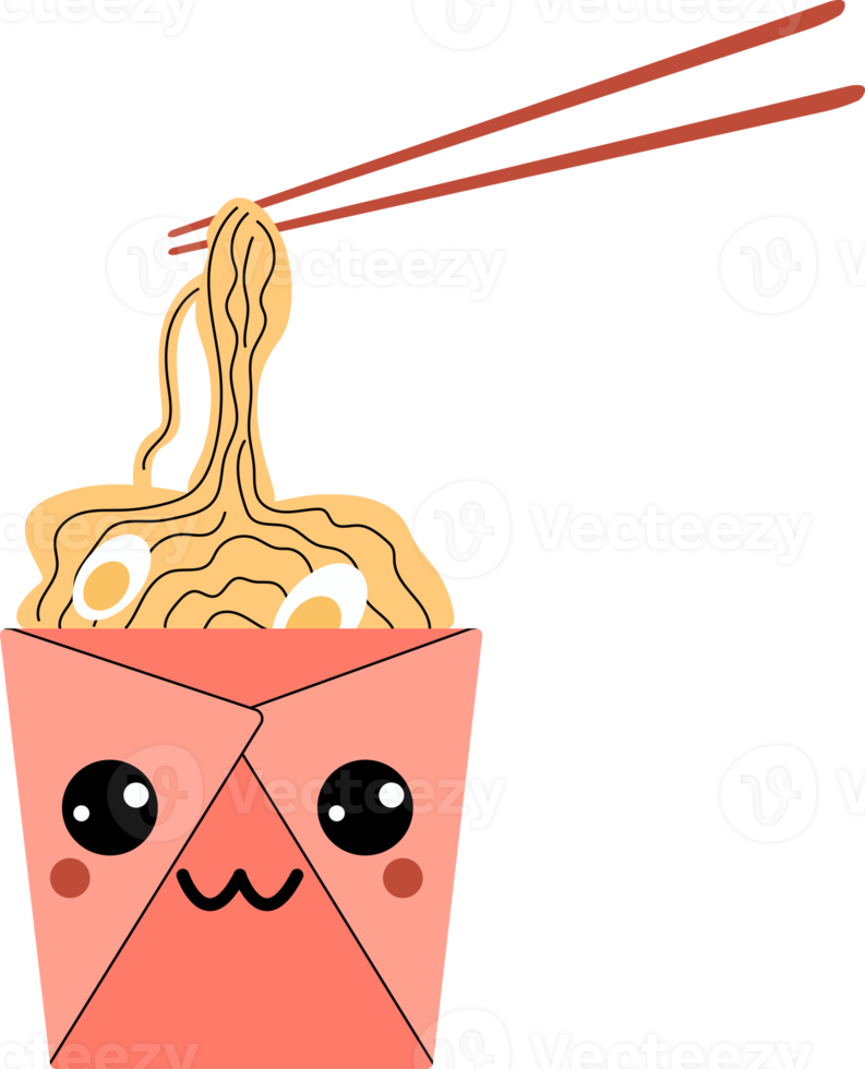 Asian wok box with ramen noodles cartoon character. Isolated PNG ramen personage. Happy fast food positive emoji, funny kawaii meal in carton package