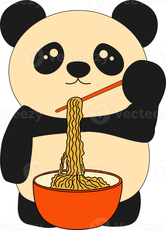 Cute panda eating noodles and uses chopsticks. Ramen. Asian food. PNG