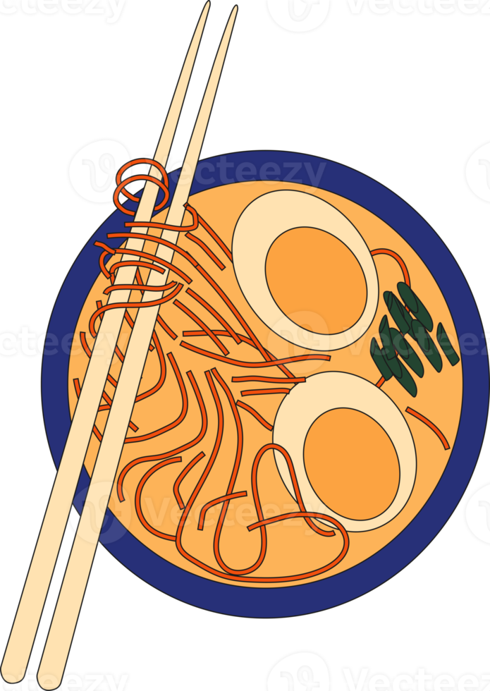 Bowl noodles and chopsticks. Ramen. Asian food. Chinese, Korean, Japanese cuisine. . Hand drawn PNG illustration.