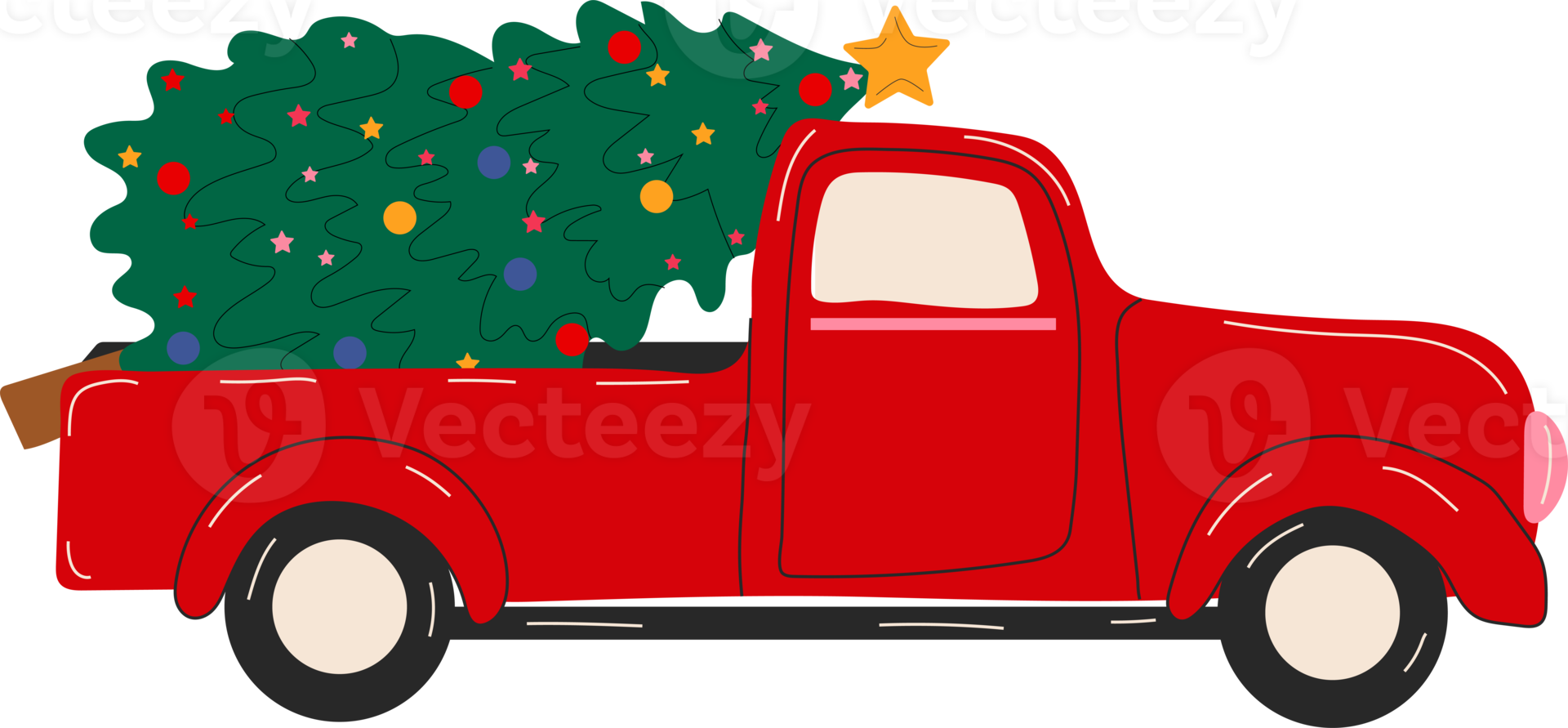 Merry Christmas and Happy New Year Postcard or Poster or Flyer template with pickup truck with christmas tree. Vintage styled PNG illustration.