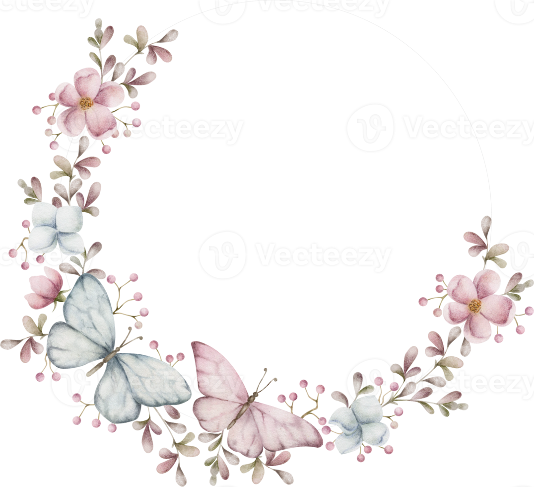 Semicircle frame with flowers and butterflies. Watercolor illustration png