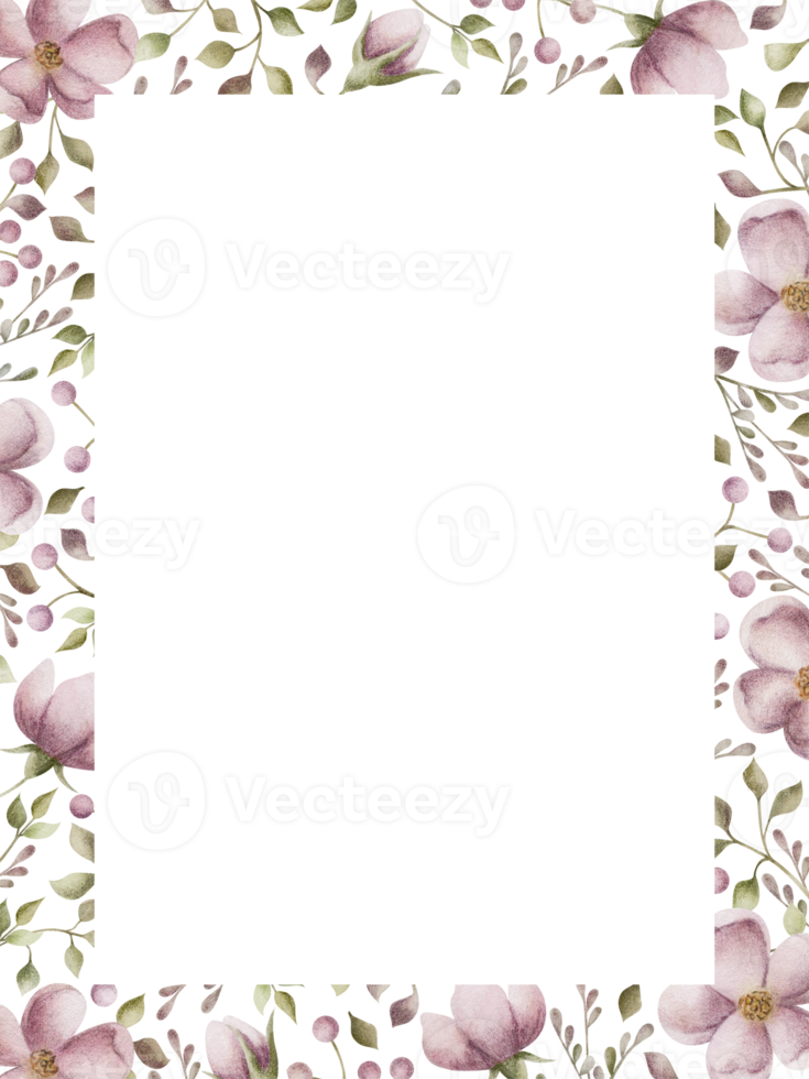 moldura em aquarela retângulo de flores cor de rosa. moldura vertical ou horizontal pintada à mão com flores e folhas de grama. ornamento de aquarela desenhado à mão. png