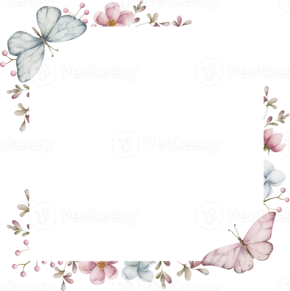 Square rame with flowers and butterflies. Watercolor illustration png