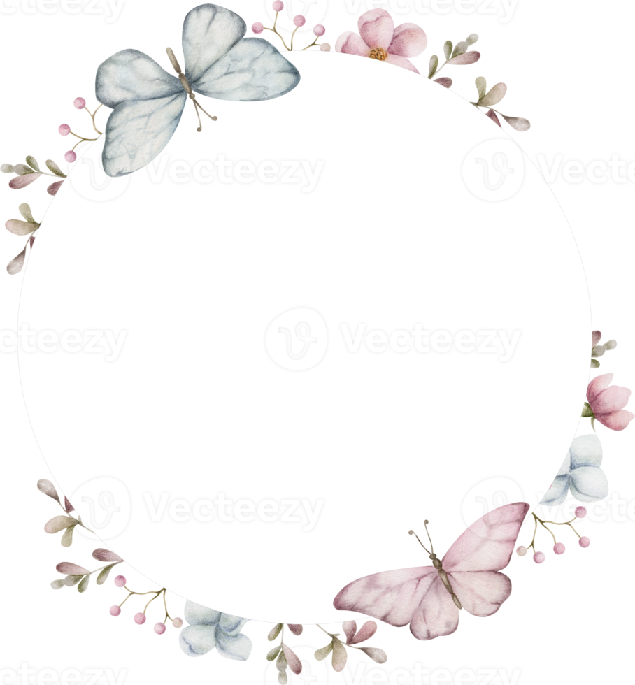 Round frame with flowers and butterflies. Watercolor illustration png
