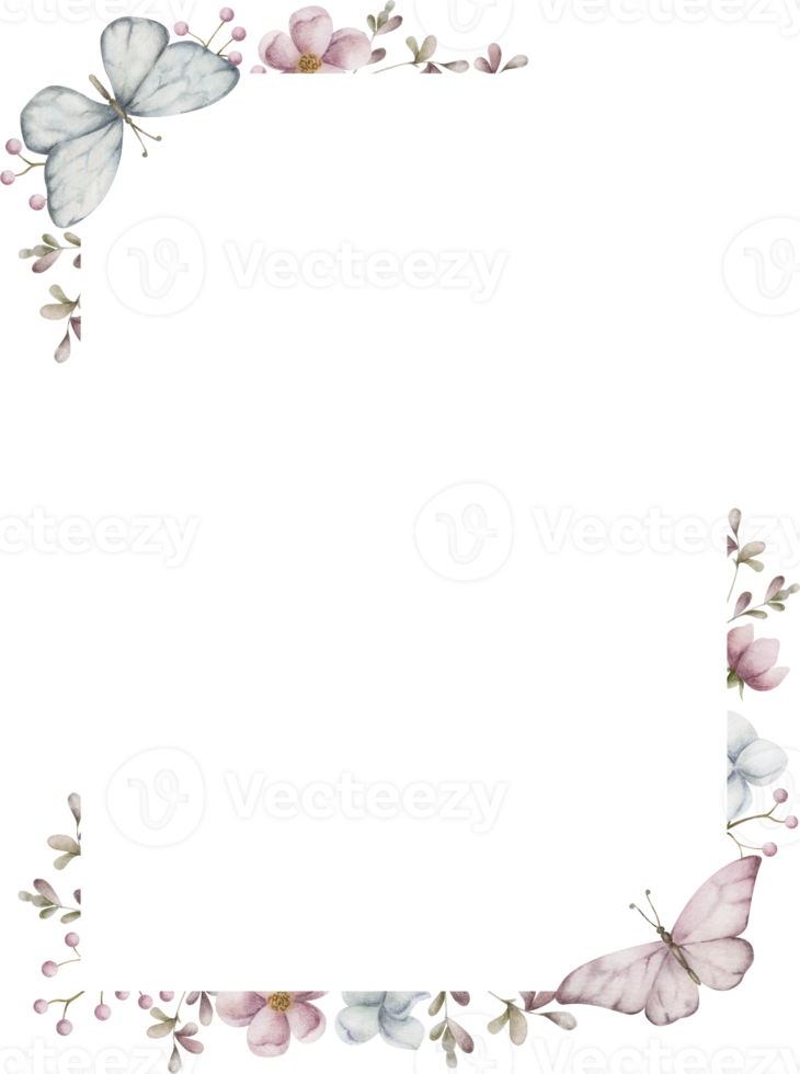 Rectangle frame with flowers and butterflies. Watercolor illustration png
