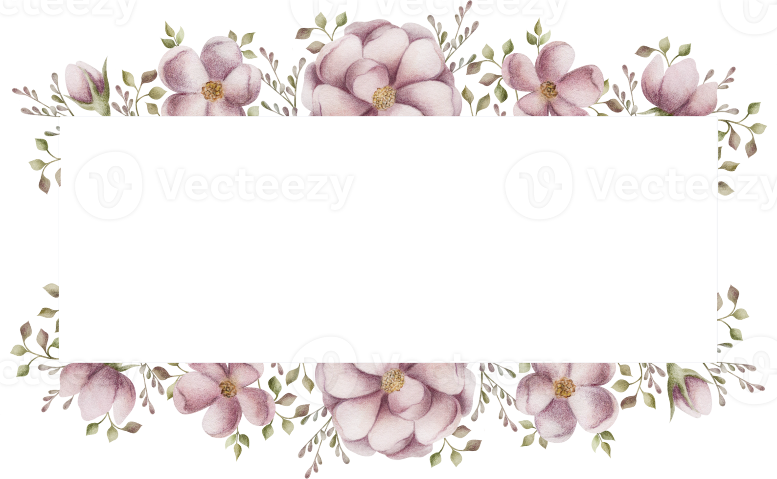 Rectangle watercolor frame of pink flowers. Hand-painted vertical or horizontal frame with flowers and blades of grass. Hand drawn watercolor ornament. png