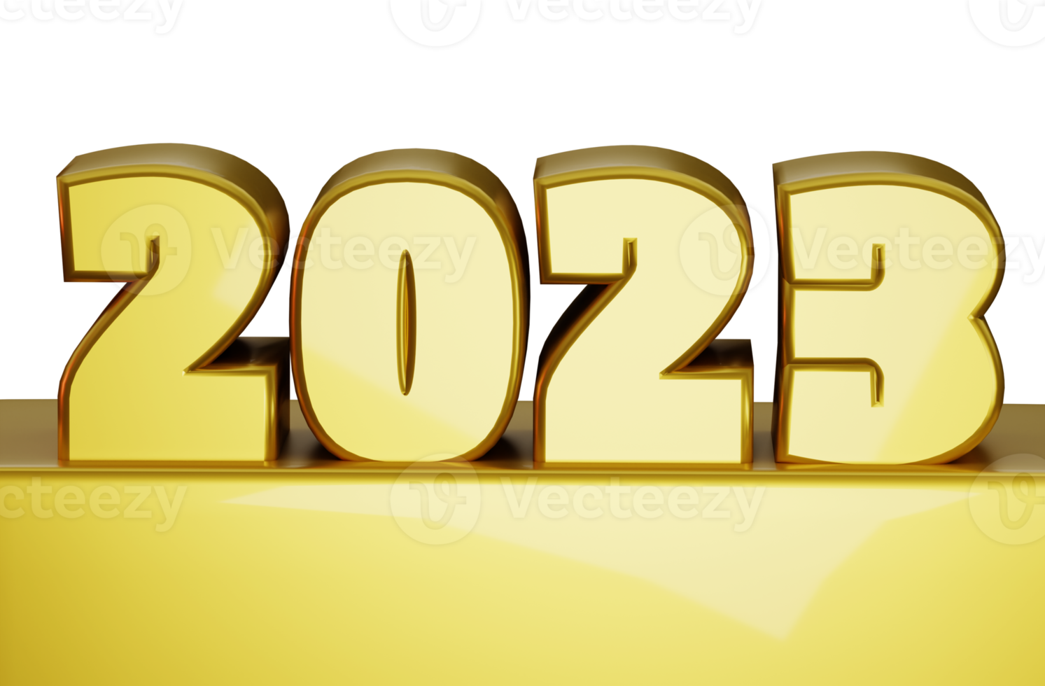 2023 Happy New Year. 3d render 2023 gold metallic sign on display podium. Realistic 3D 2023 signage for New Year celebration design png