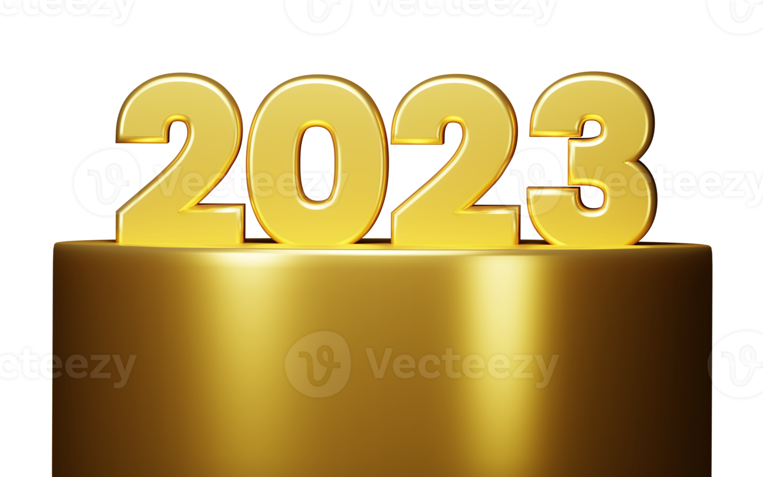 2023 Happy New Year. 3d render 2023 gold metallic sign on display podium. Realistic 3D 2023 signage for New Year celebration design png