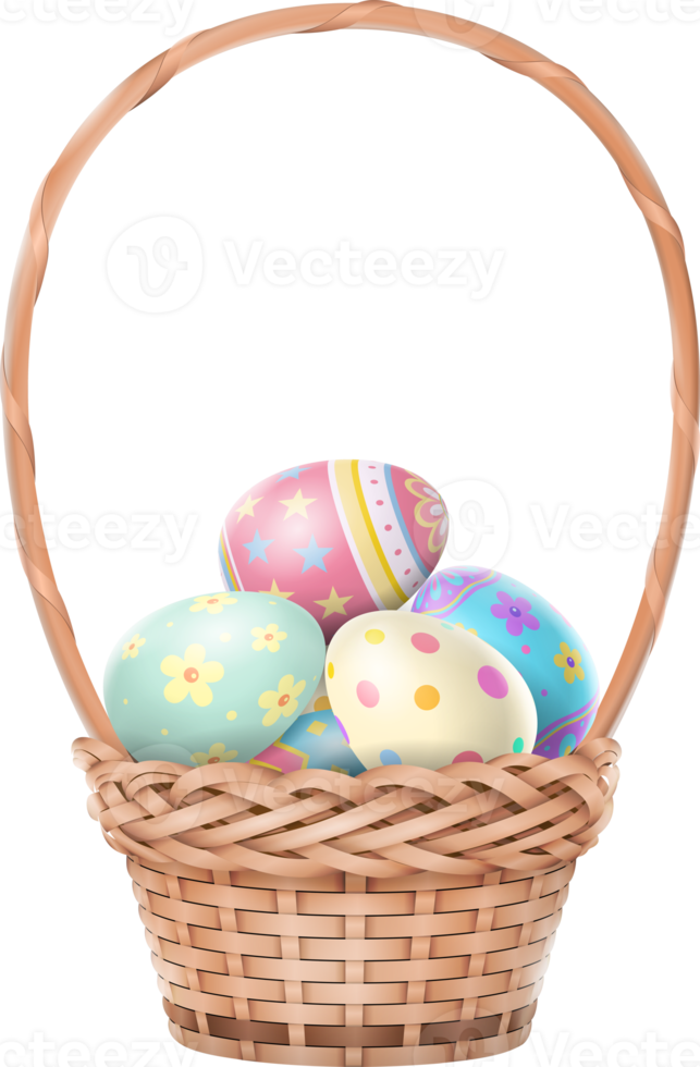 Happy Easter day colorful eggs in basket with flowers png