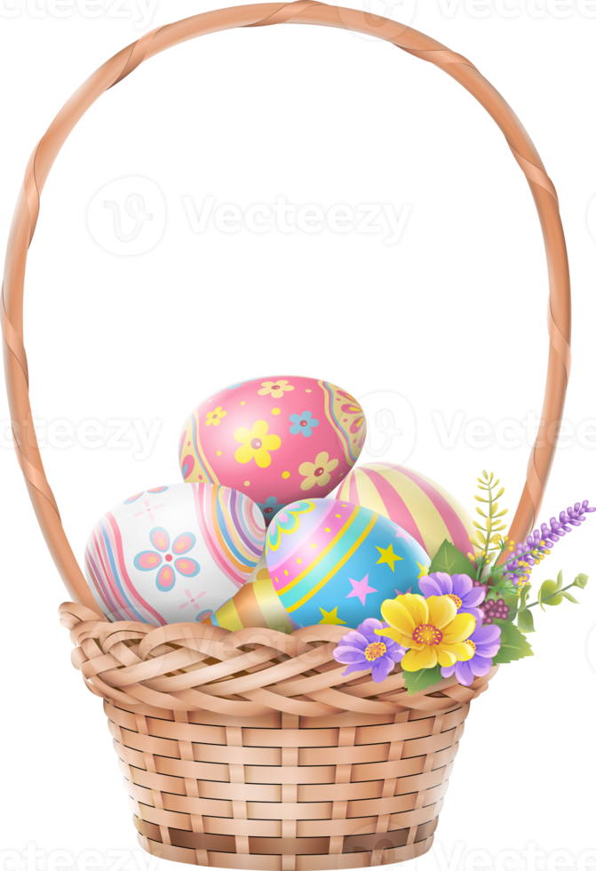 Happy Easter day colorful eggs in basket with flowers png