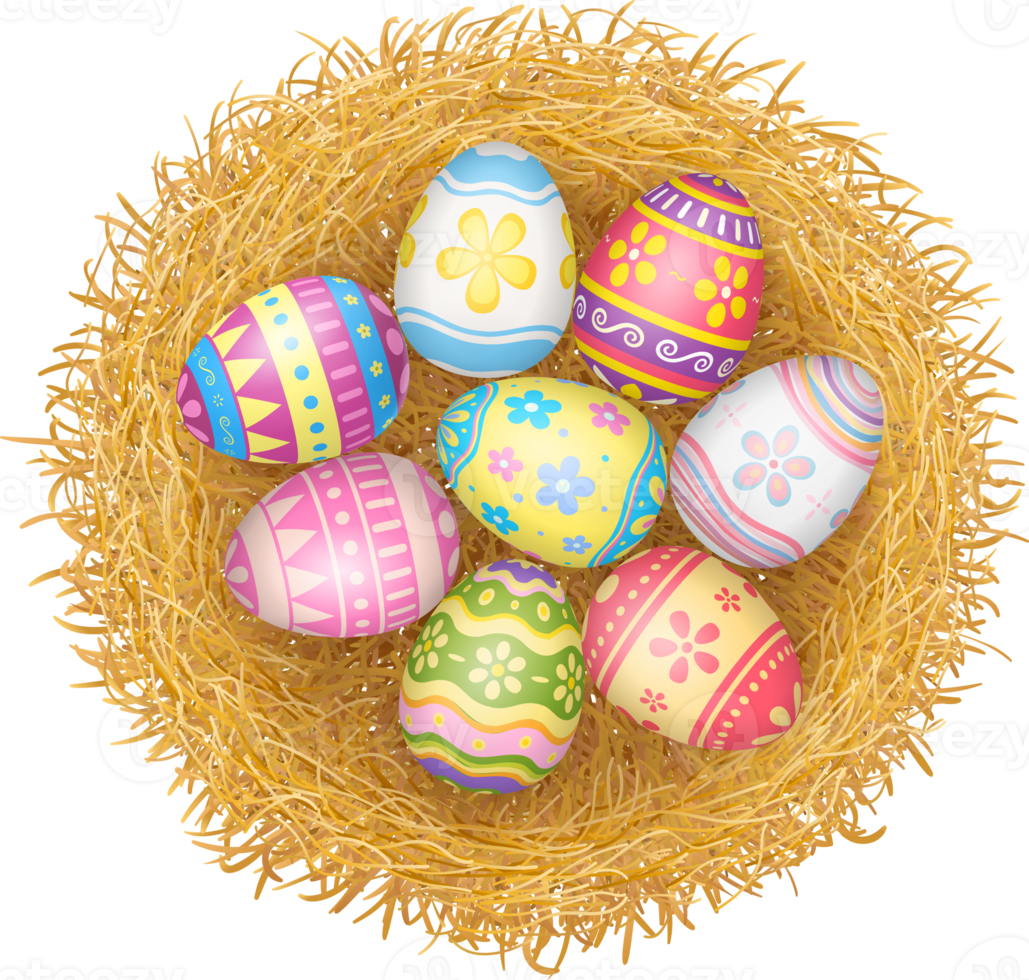 Happy Easter day eggs in nest top view png