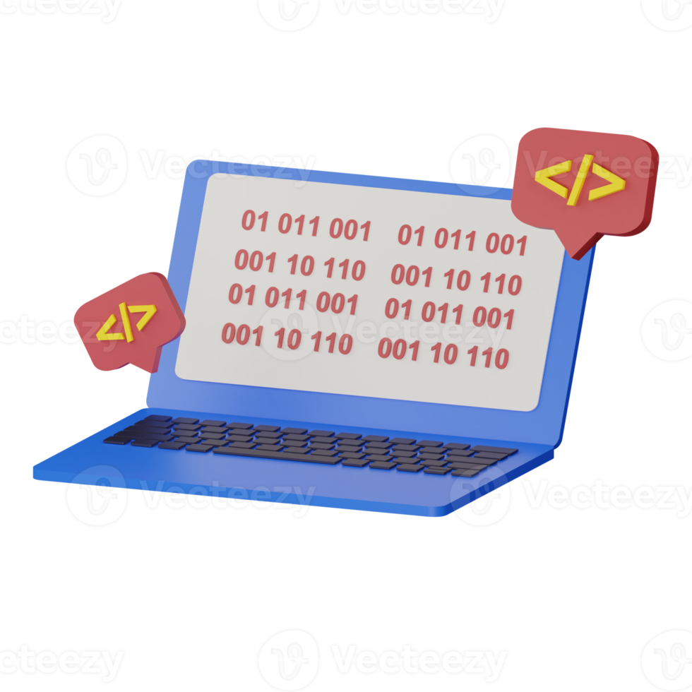 laptop 3D com ilustração de ícone de código de programação de linguagem png