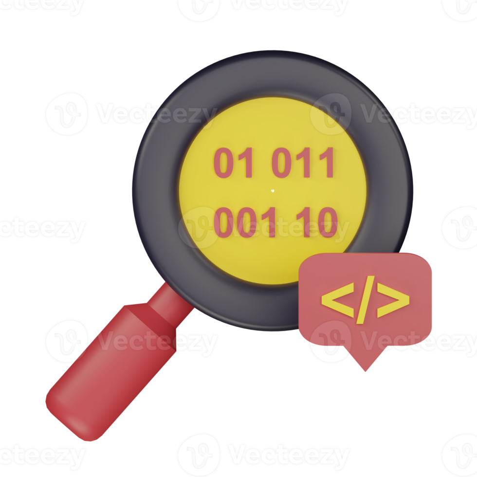 3d magnifying glass with language programming icon illustration png