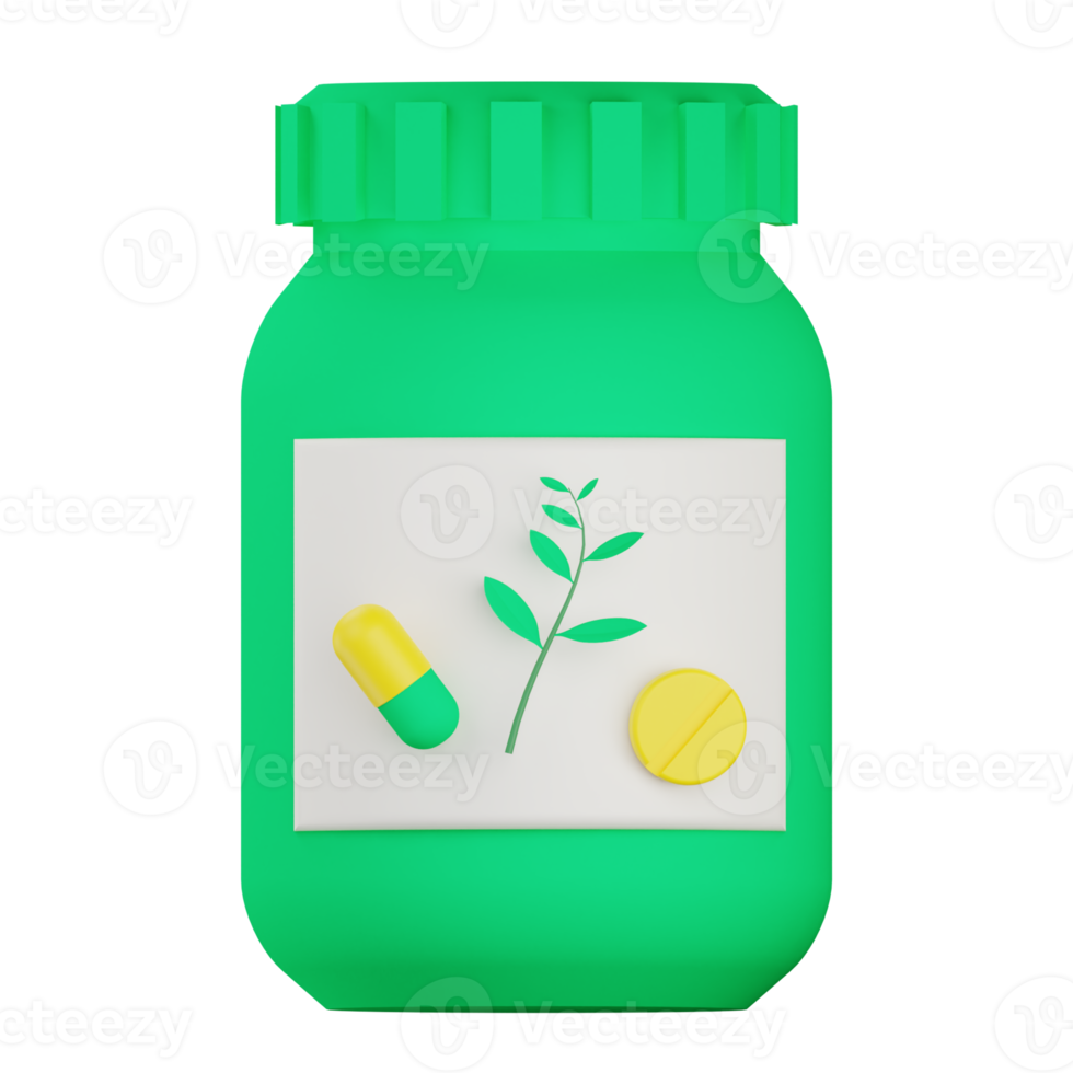 3d herbal medicine bottle with pill and capsule icon png