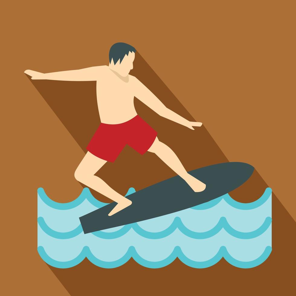 surfista, hombre, en, tabla de surf, icono, plano, estilo vector
