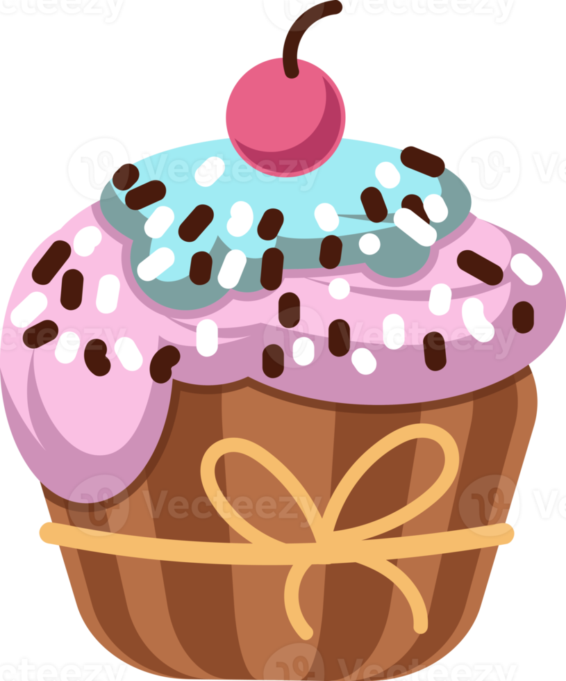 pink and light blue chocolate cupcake with sprinkles and a cherry png