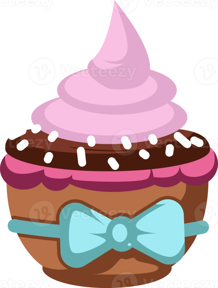 Strawberry pink chocolate cupcake with sprinkles and ribbon decoration png