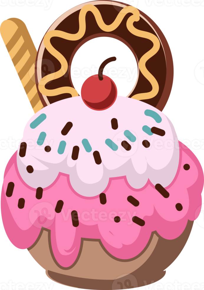 pink and white cupcake decorated with chocolate donuts and biscuit sticks png