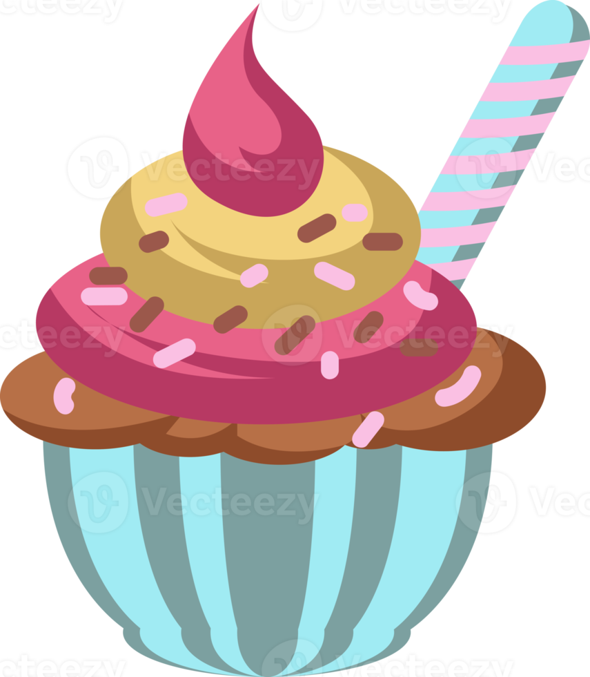 colorful cupcakes with pink and chocolate sprinkles and biscuit sticks png