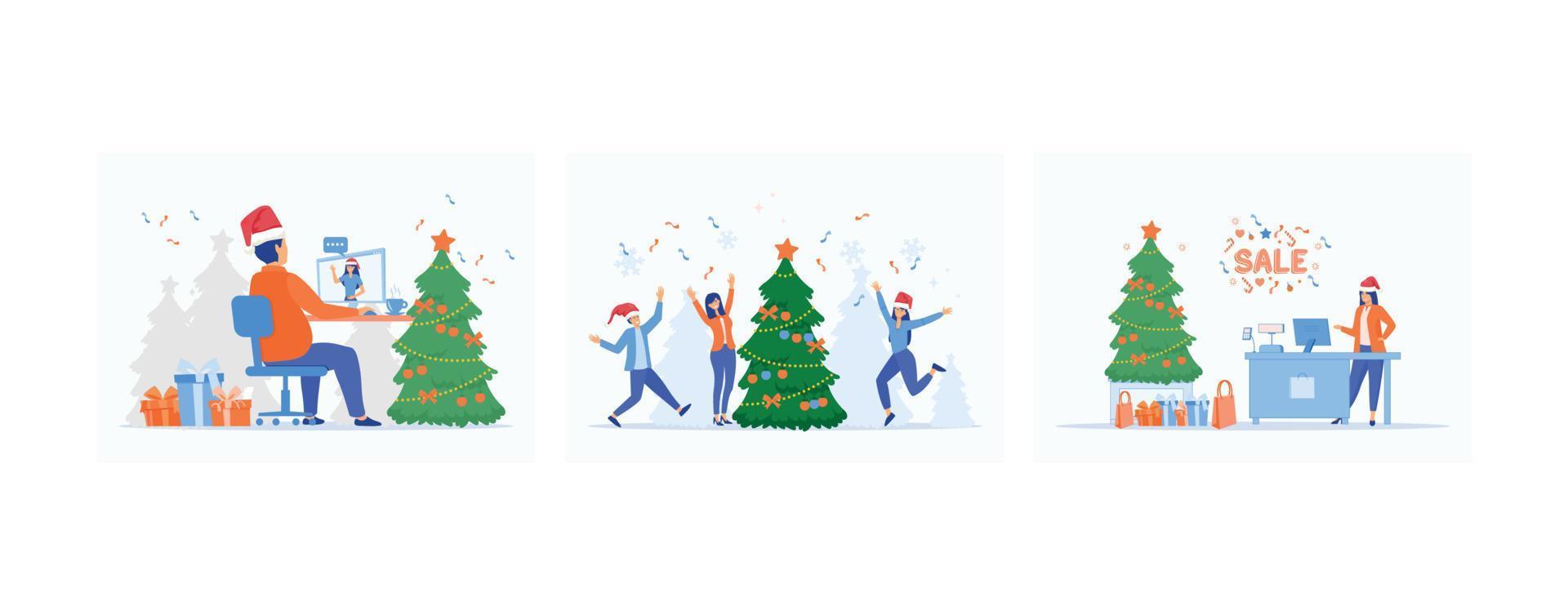 Man video calling to her boyfriend on a computer at home on Christmas day, Joyful business men, Merry Christmas And New Year In Shop, set flat vector modern illustration