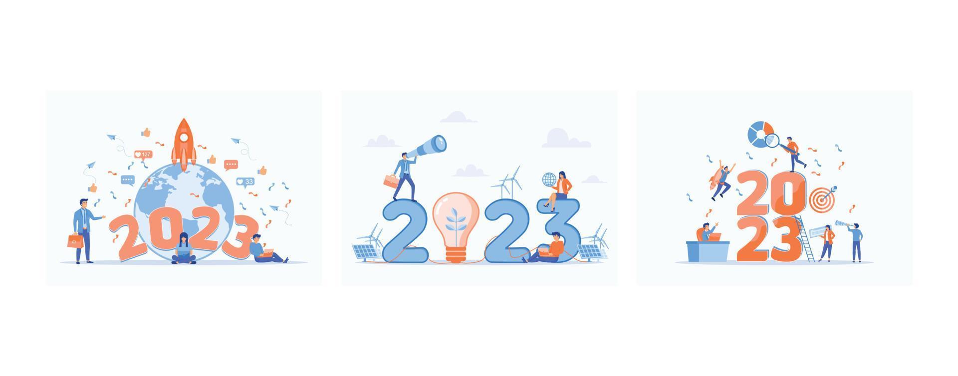 New year of new discoveries and achievements, Business 2023 New Year ESG or ecology problem Trends project, Happy new year 2023, set flat vector modern illustration