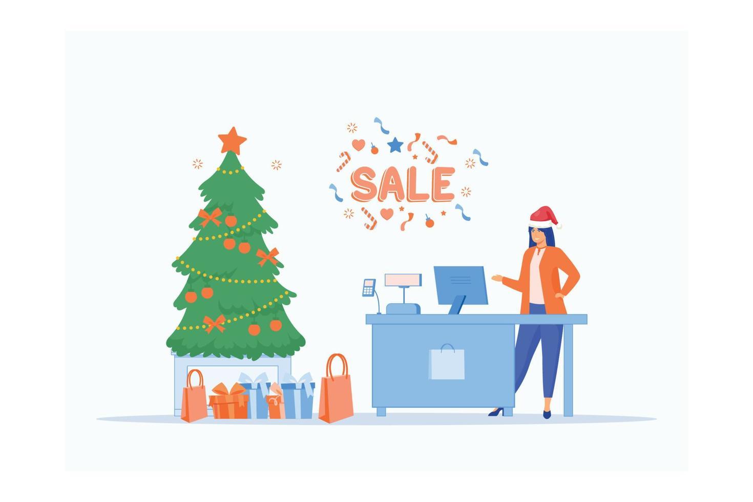 Merry Christmas And New Year In Shop. Store with customers crowd and cashier near cash desk. Gifts and presents, Sale Boxing Day banner, flat vector modern illustration