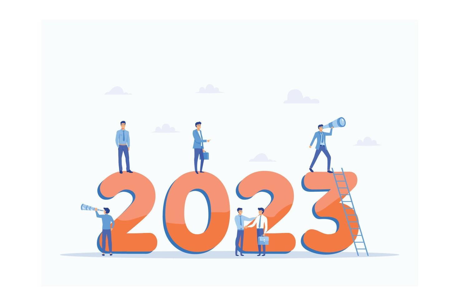 feliz año nuevo 2023. Concepto de objetivos comerciales 2023, equipo comercial que busca nuevas oportunidades. liderazgo. visión. logro, ilustración moderna de vector plano