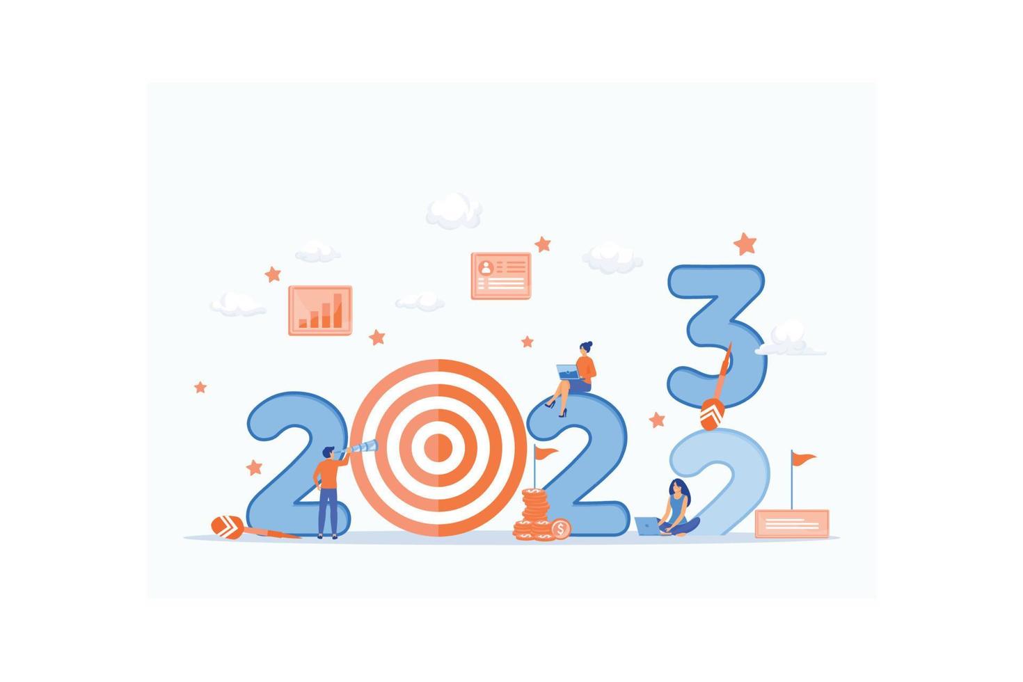 business in 2023. researching business. develop strategies and see opportunities for success. determine the target market. a team of entrepreneurs, flat vector modern illustration