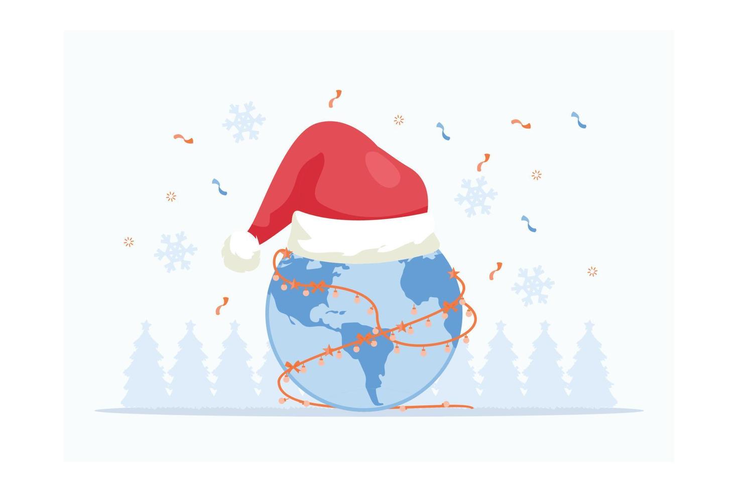 The earth with a Santa Claus hat laid and the Christmas light bulbs wires wrapped around it on transparent background, Merry Christmas and Happy New Year concept, flat vector modern illustration