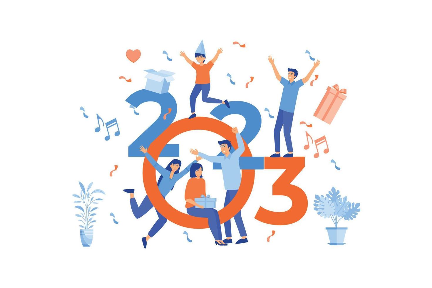 feliz año nuevo 2023 tarjeta de felicitación, tarjeta de felicitación, tarjeta de invitación de fiesta, banner de sitio web, banner de redes sociales, material de marketing, ilustración moderna de vector plano