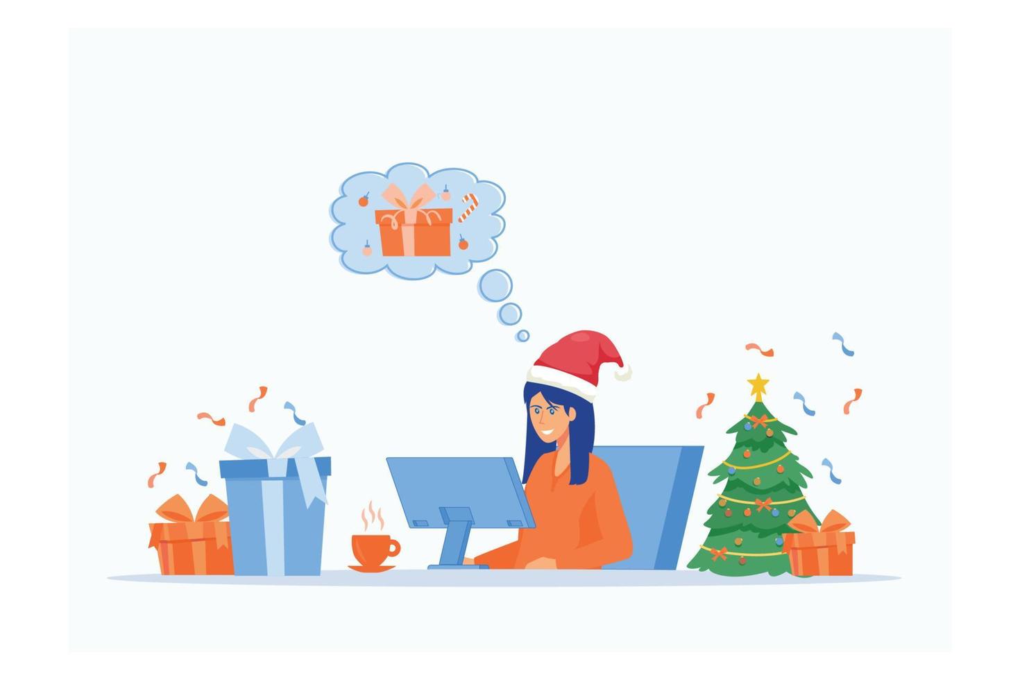 Woman buys Christmas gifts online store wearing Santa Claus hat. Happy New Year online shopping from home, COVID-19 precaution, flat vector modern illustration
