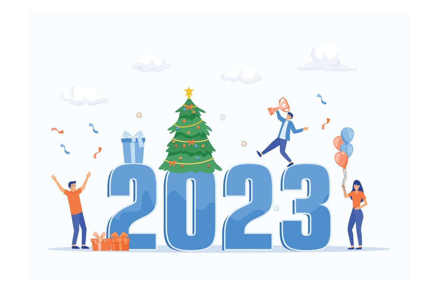 Plantilla de banner 2023. la gente de negocios celebra el concepto de año nuevo. aislado en blanco, ilustración moderna de vector plano