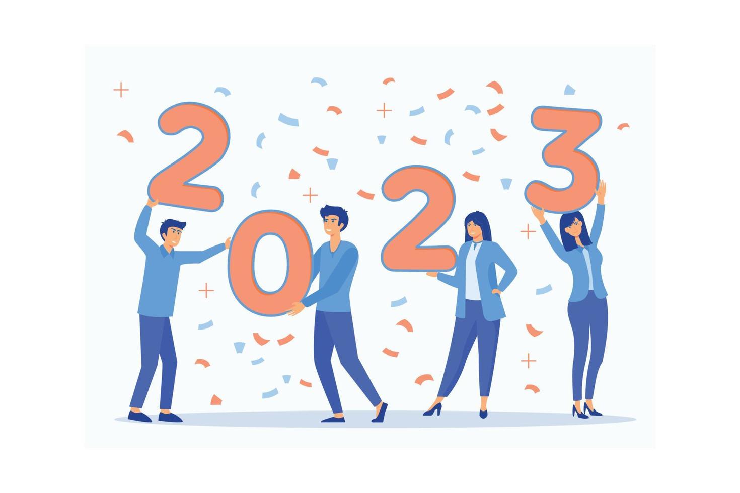 People holding 2023 New Year numbers in hands. Happy men and women group celebrate winter holiday. Diverse friends congratulate newyear, flat vector modern illustration