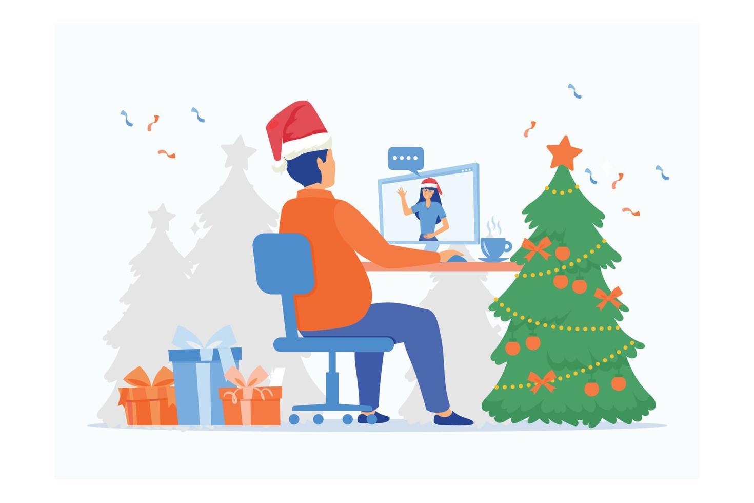 Man video calling to his girlfriend on a computer at home on Christmas day, flat vector modern illustration