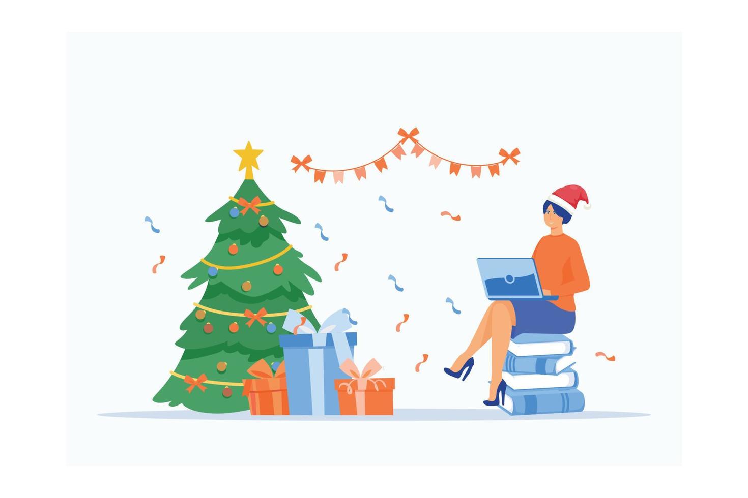 Women sit and finish errands at work at Christmas. job well done and successful, flat vector modern illustration