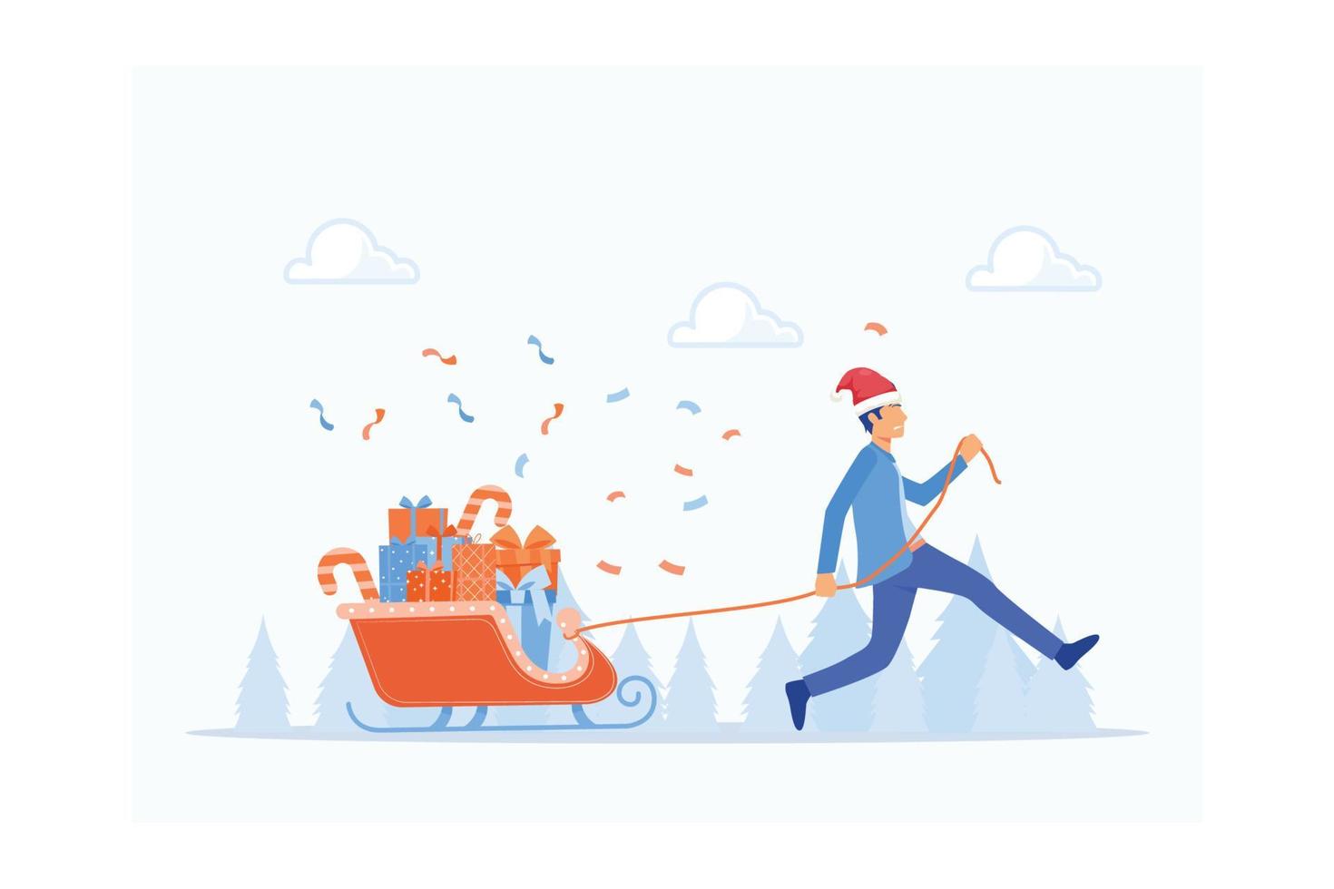 Man pulls up a surfboard filled with presents for Christmas in winter, flat vector modern illustration