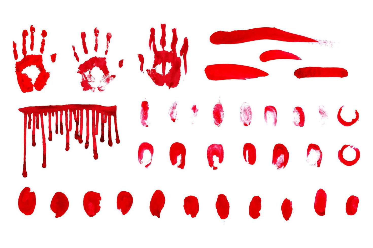 Vector set of bloody stains, brush strokes and handprints. Traced hand-drawn red ink collection of bloody-themed elements.