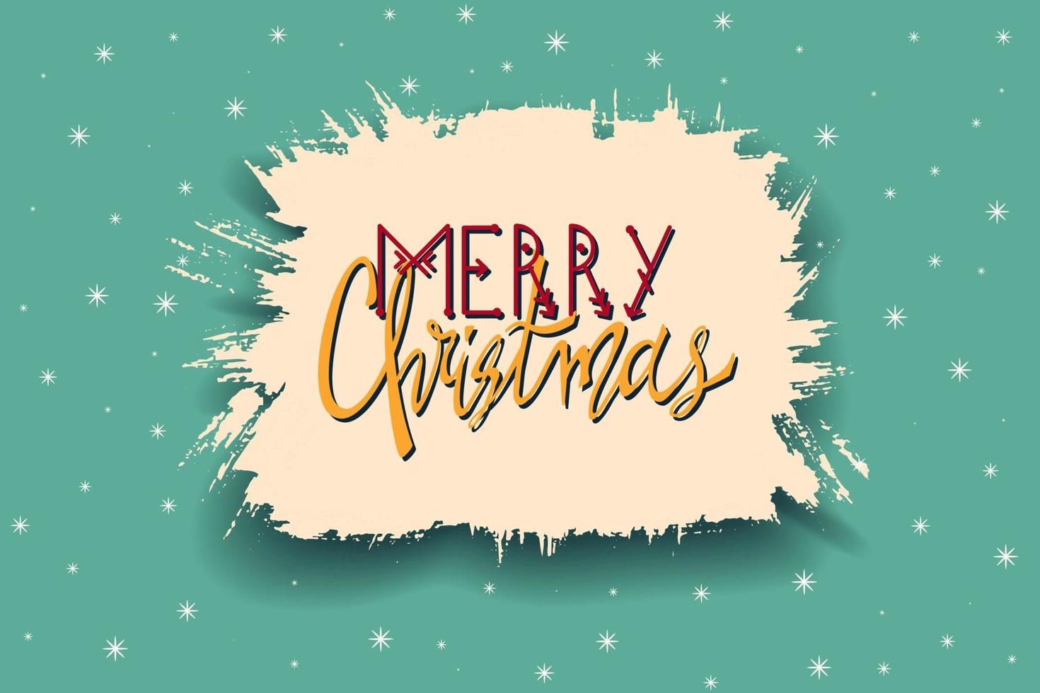 Red White Lettering Merry Christmas in a orange cloud of clouds created by a dry brush on a grey green background with a decor of white snowflakes. Vector New Year illustration