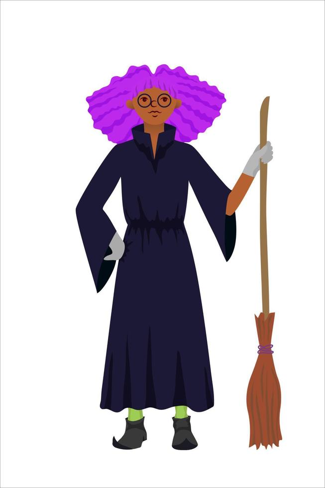 afro american teenager girl with purple hair in a witchs costume cloak with a broom in her hand stands in full growth. Vector illustration of a child in cartoon style