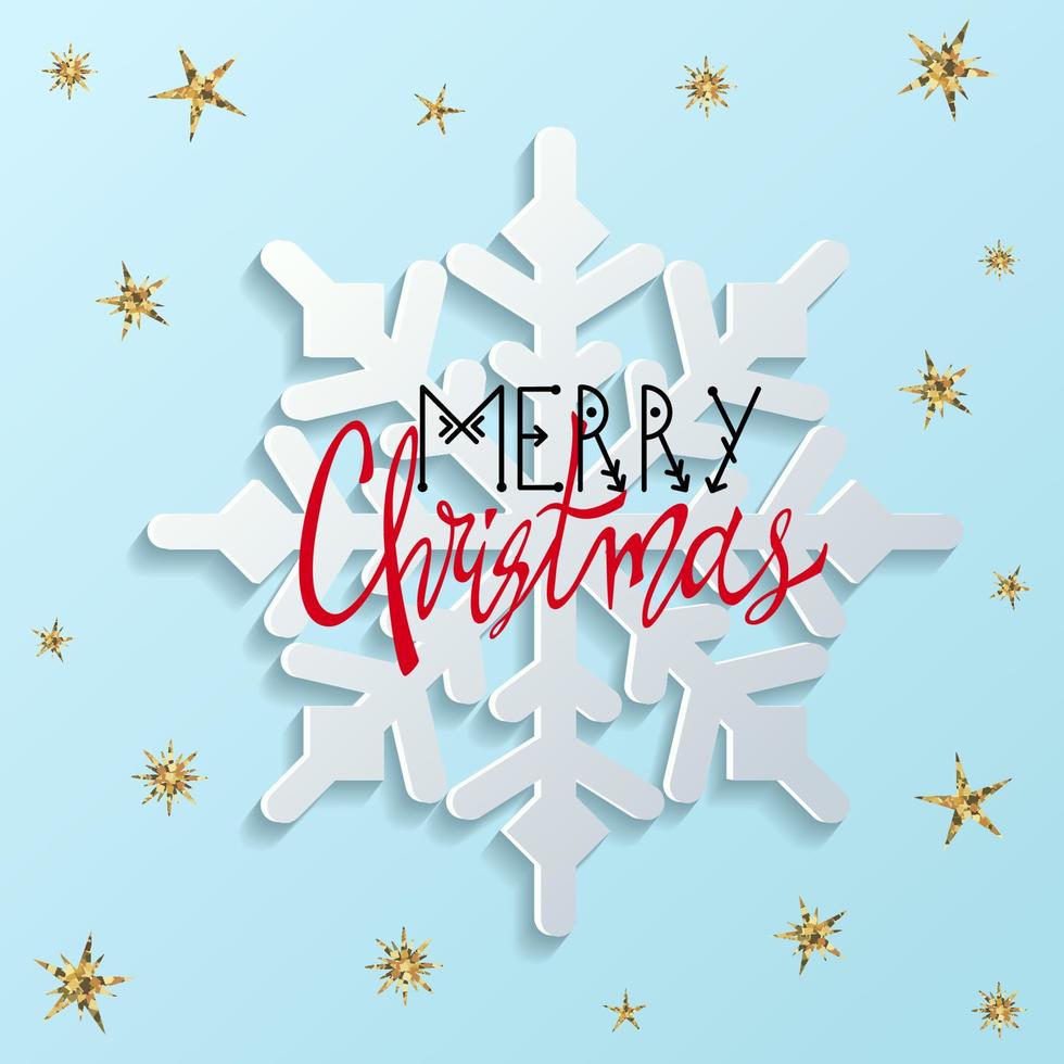 White volumetric snowflake on a light blue square background with golden stars with sparkles. In the center is a red-and-blue lettering of Merry Christmas. Vector christmas illustration