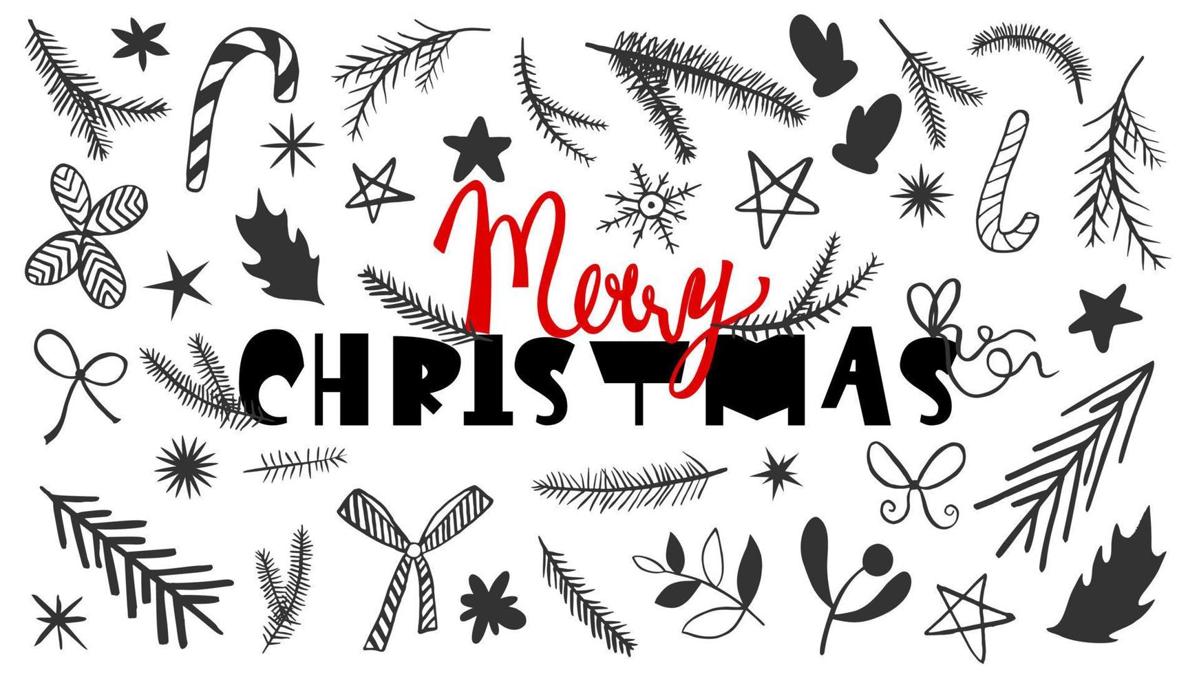 Vector lettering Merry Christmas in a hand drawn frame from winter decor in doodle style. Composition of individual elements branches of needles, leaves, bell, ribbon, star, berry, caramel candy tree